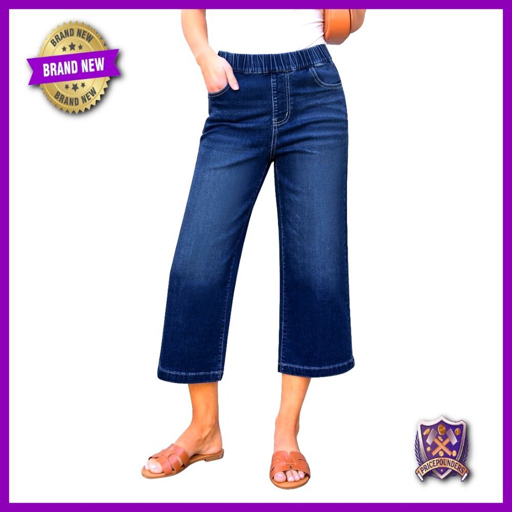 Wide Leg High Waisted Capri Jeans Stretchy Pull On Denim Pants with Pockets